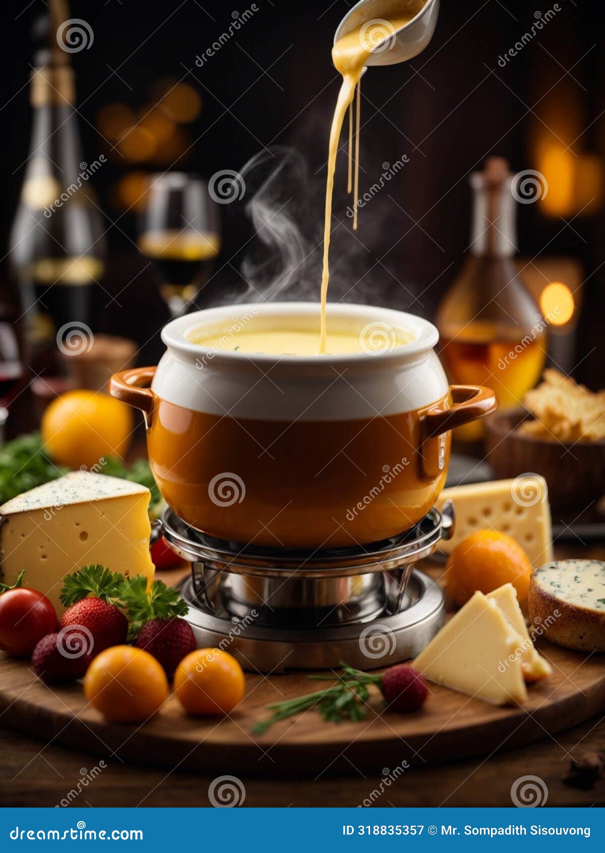 Cheese Fondue, Swiss Melted Cheese and Wine Dish Served in a Communal