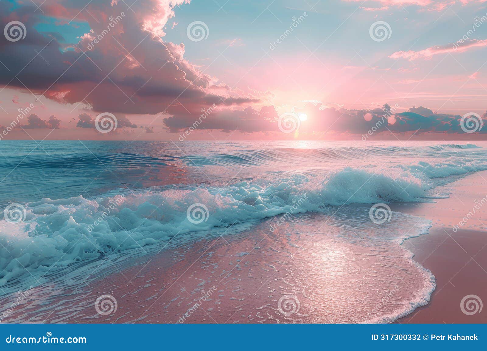 untouched sandy beach with calm sea under soft pink sunset skies, a perfect peaceful escape.. ai generated.