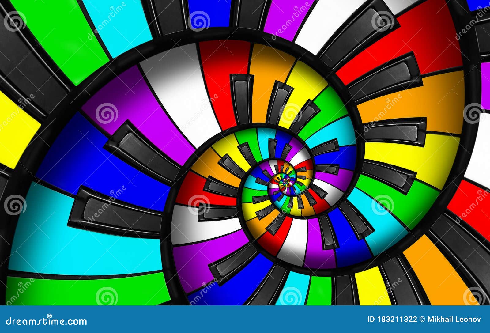 unusual abstract rainbow piano keyboard spiral music background. fractal like endless staircase. rainbow colors piano keys twisted