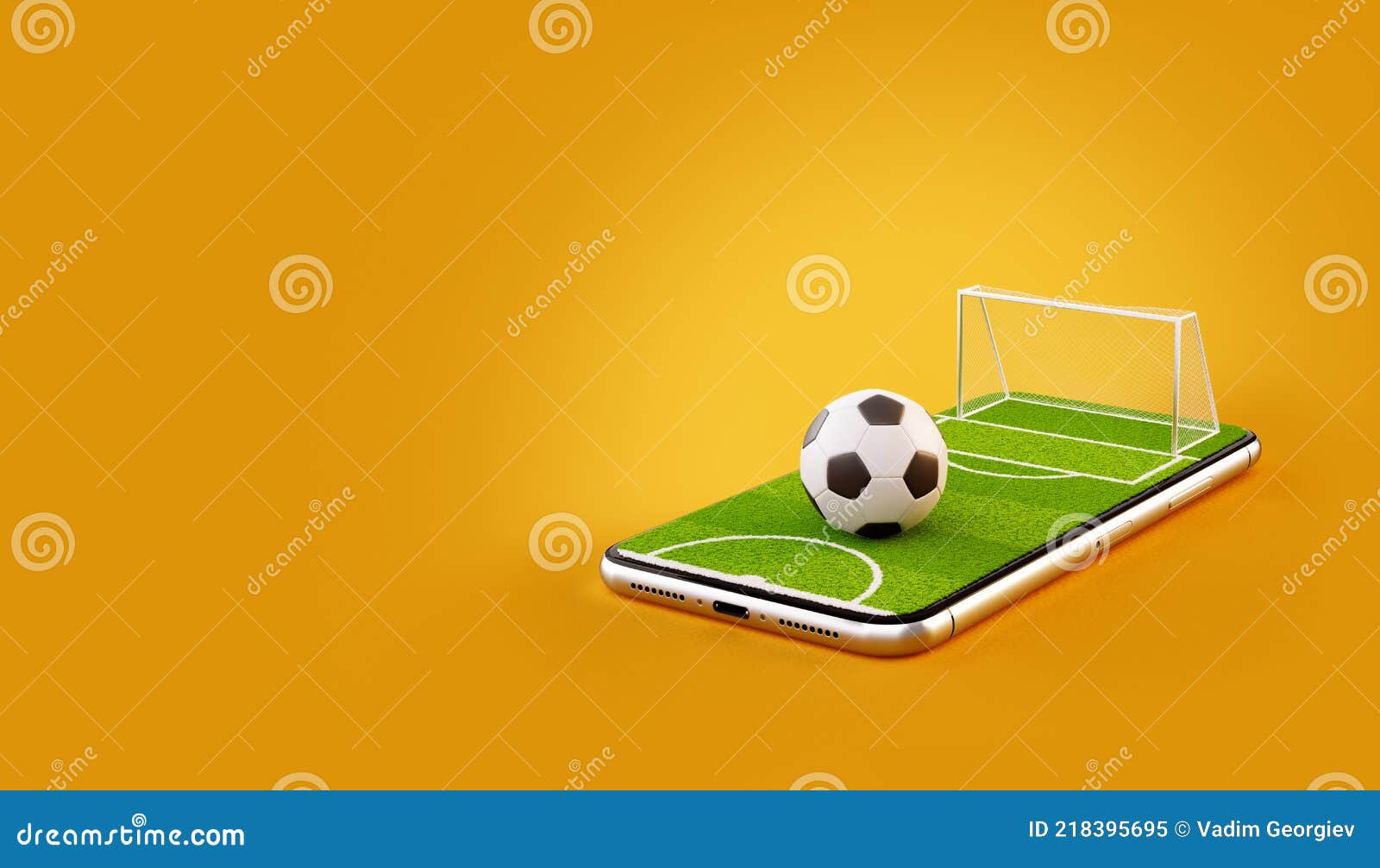 Unusual 3d Illustration of a Soccer Field and Soccer Ball on a Smartphone Screen