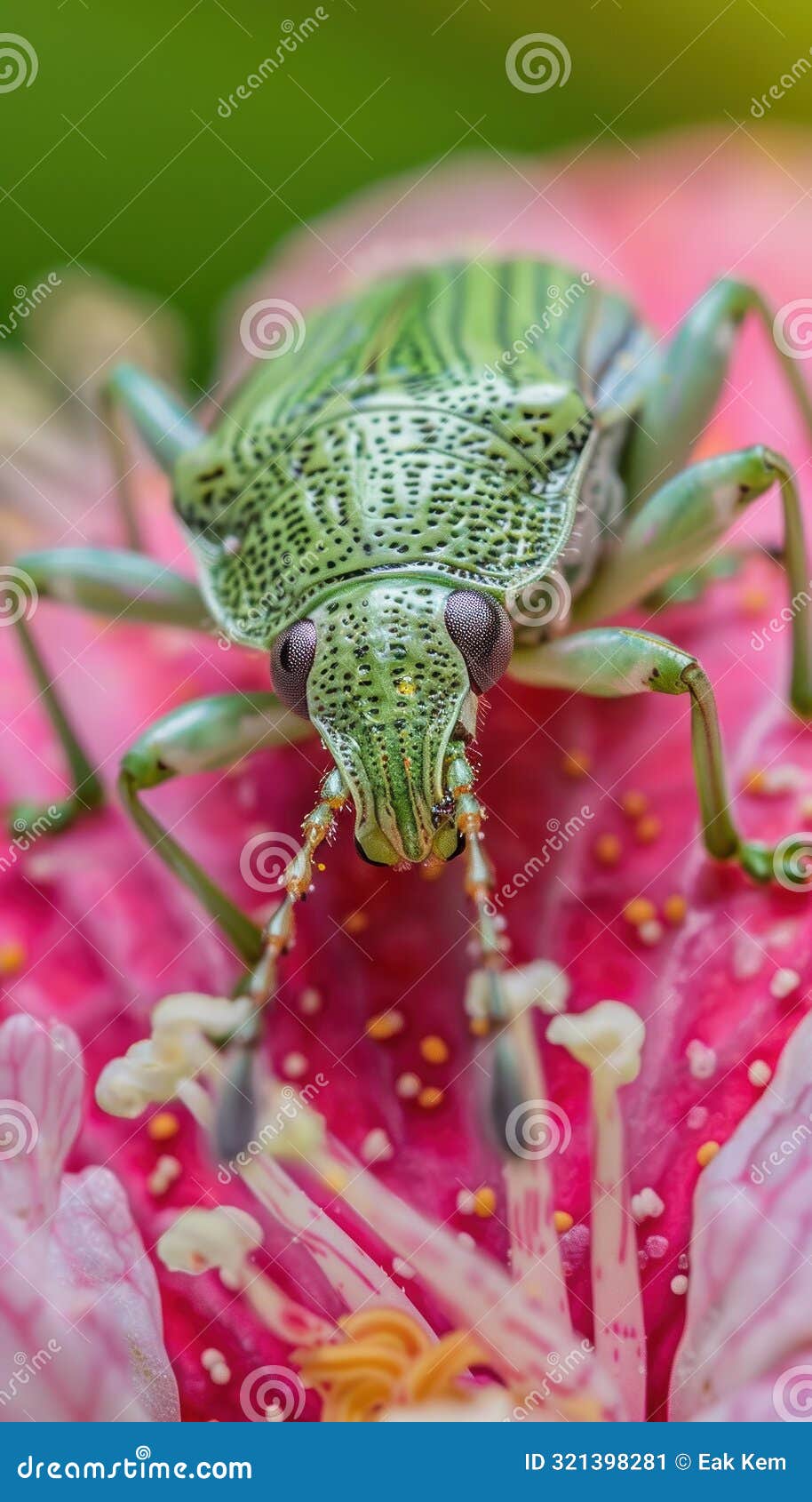 close up macro photography of a green bug with intricate details and patterns on a pink flower petal, showcasing the beauty and