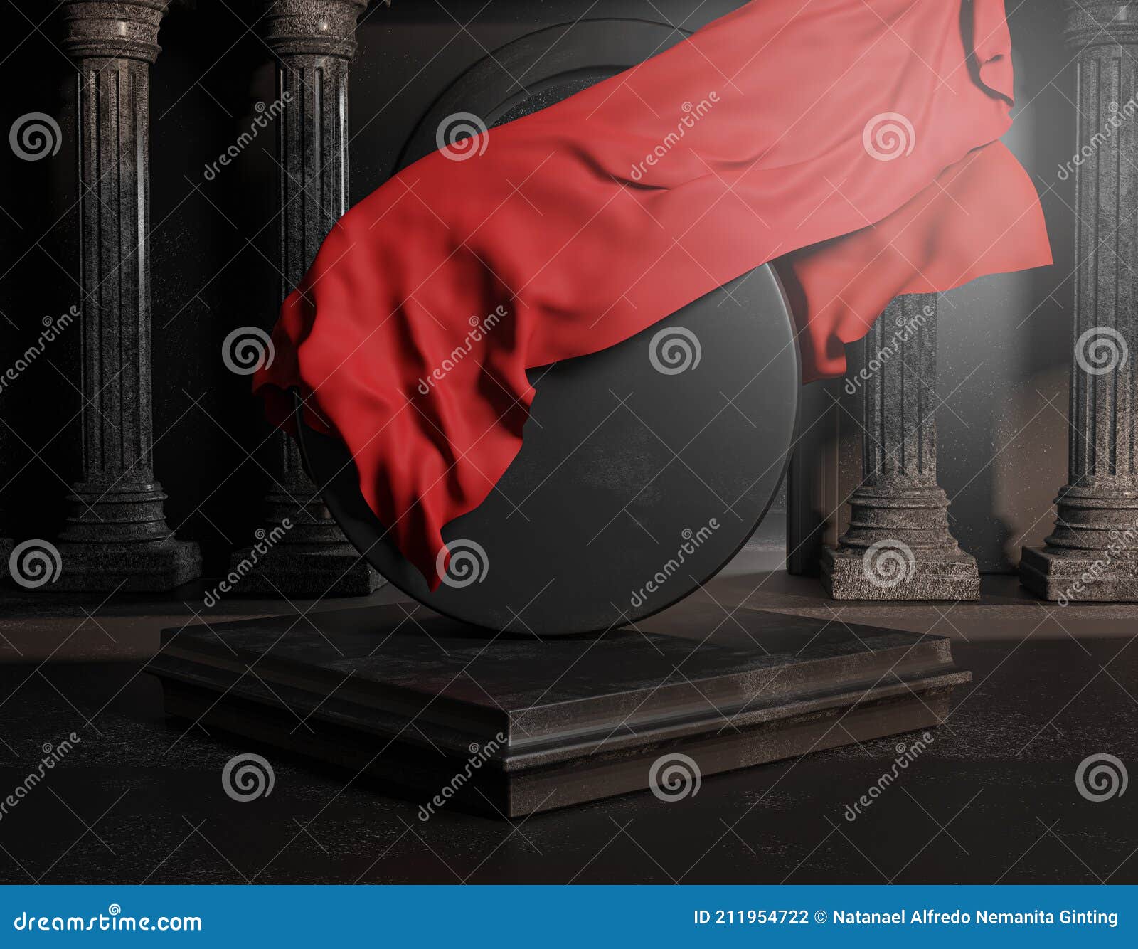 unveil red cloth cover from round black stone classic colums pillars. empty space mockup template 3d rendering