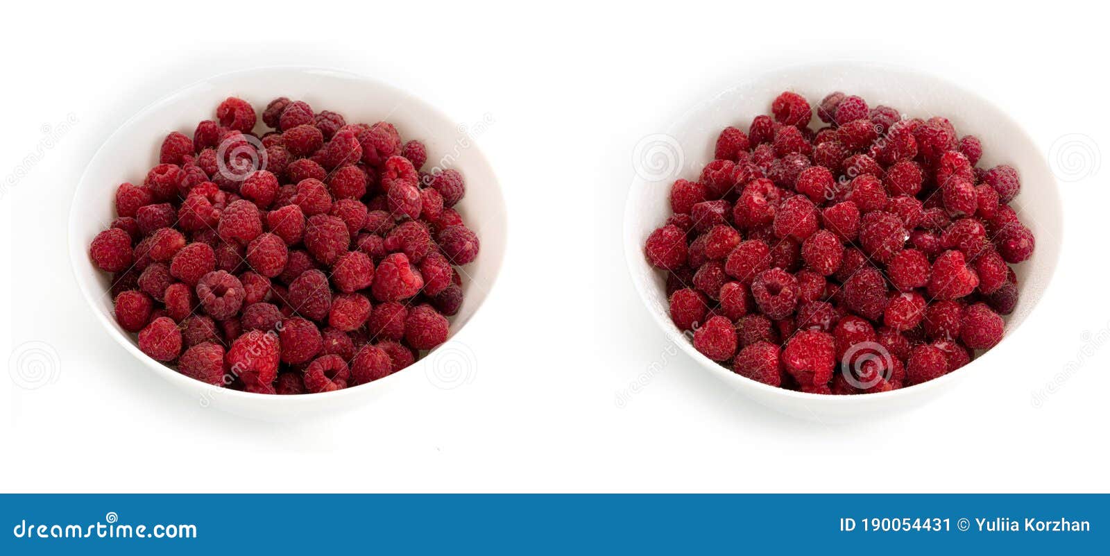 unwashed and washed raspberries in white deep plates on a white background.