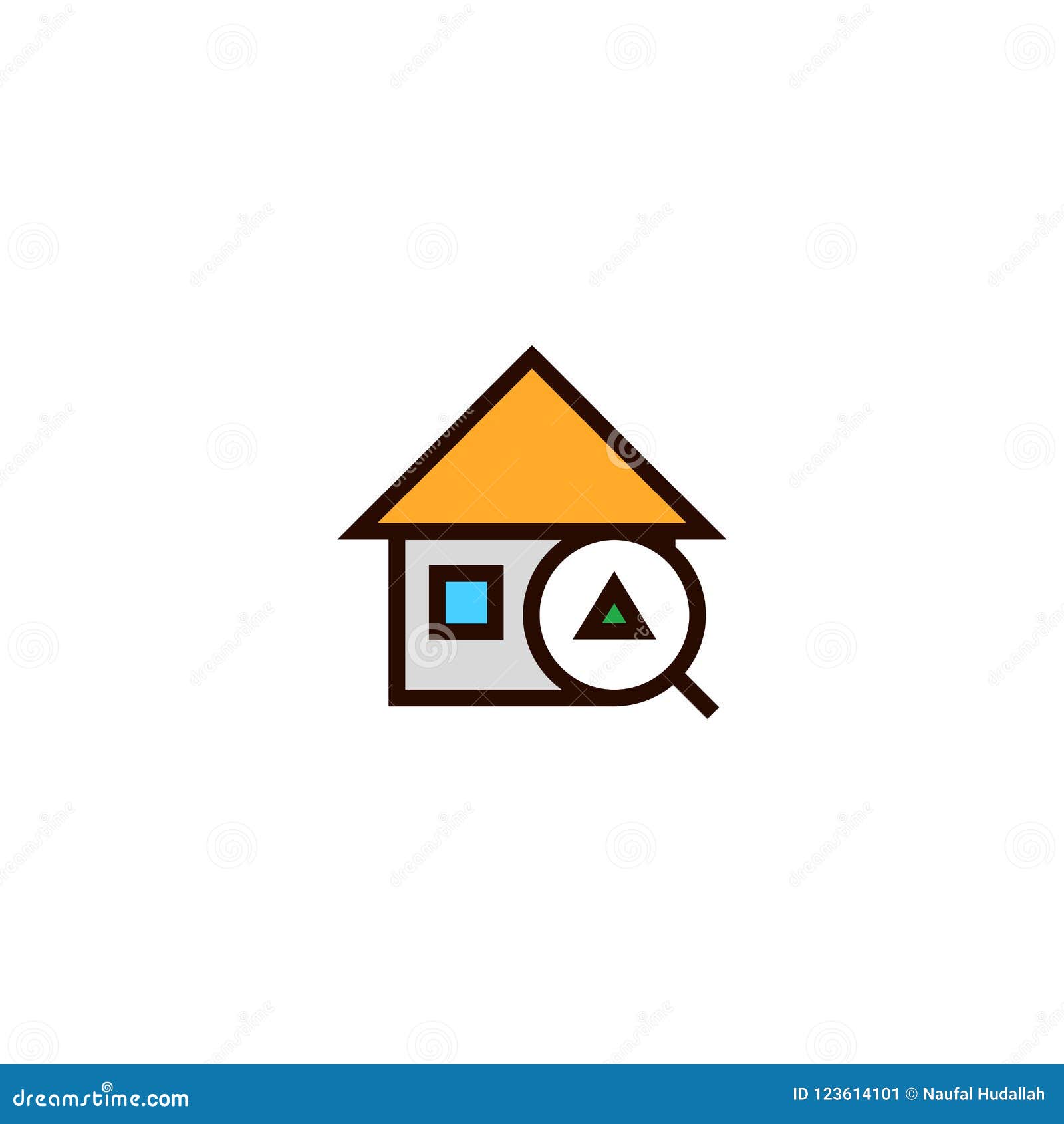 up house search icon. home with magnifying glass and arrow . simple clean thin outline style .