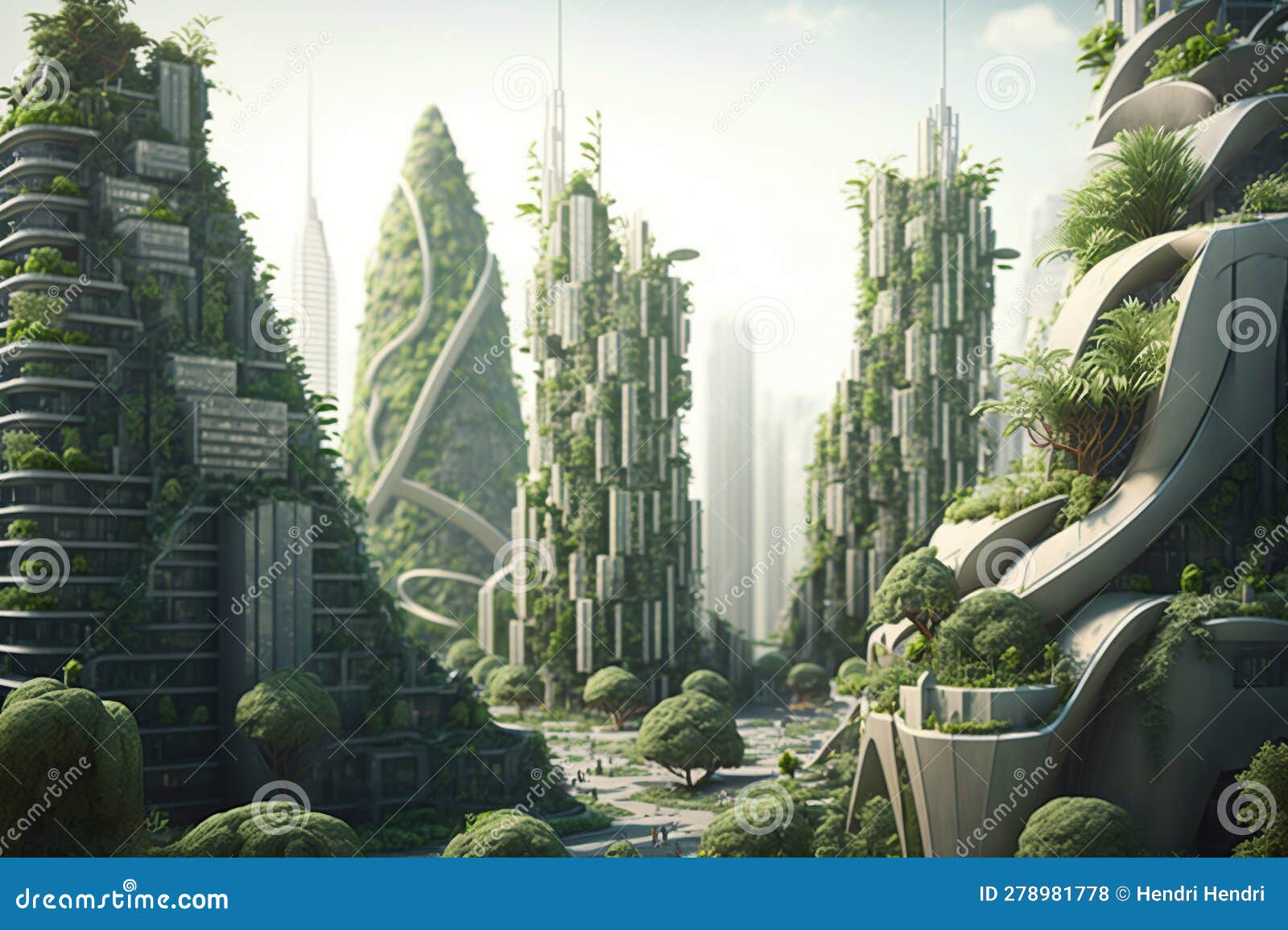 Futuristic green solarpunk city with lots of trees