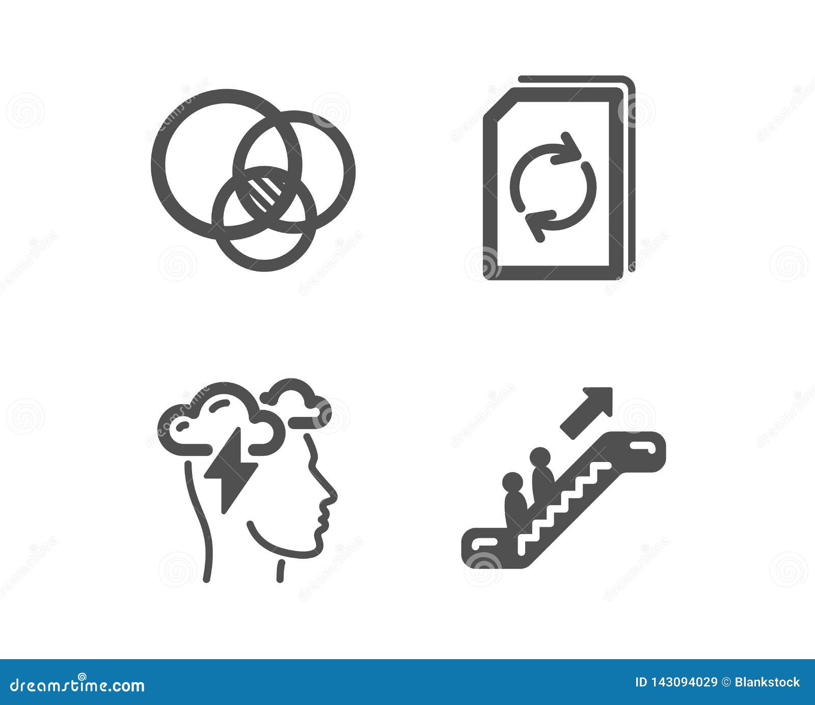 update document, euler diagram and mindfulness stress icons. escalator sign. 