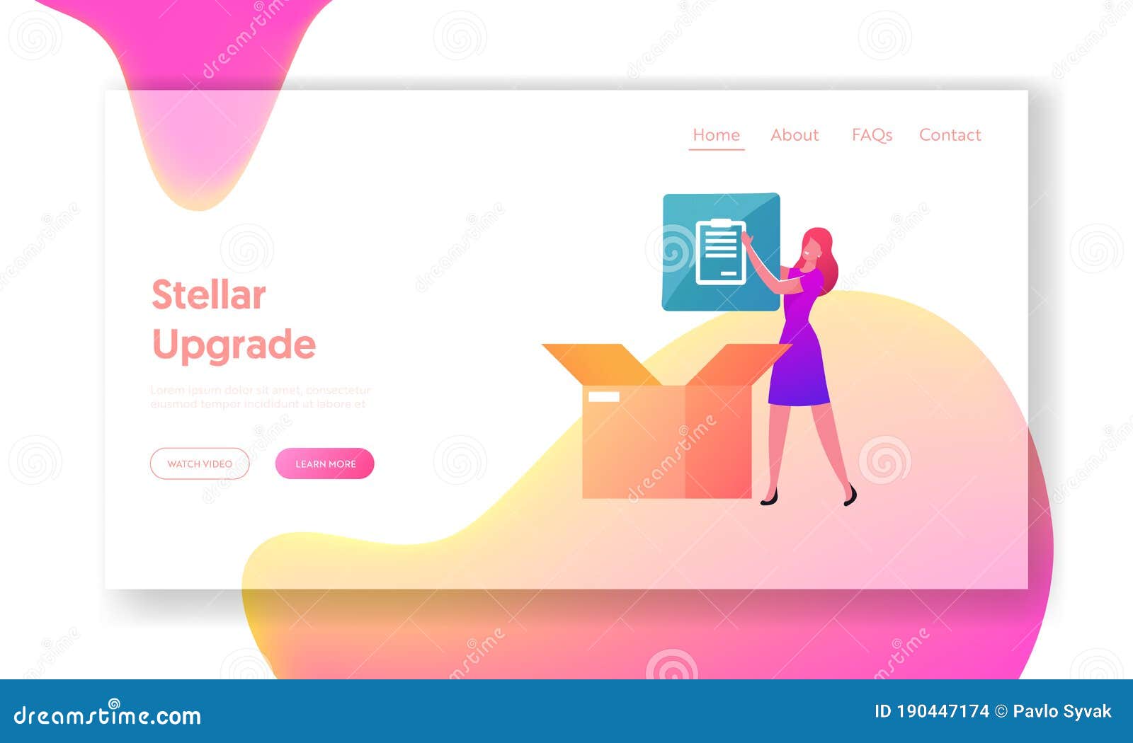 upgrade, free download landing page template. woman character put app icon in box. stream or upload torrent data