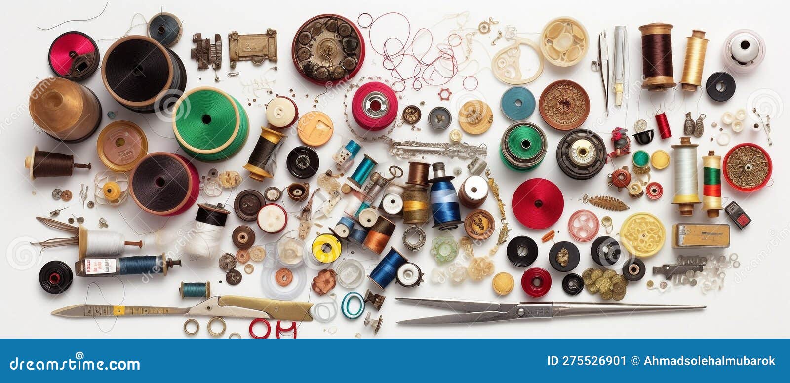 set of sewing kit with aesthetic arrangement, top view.