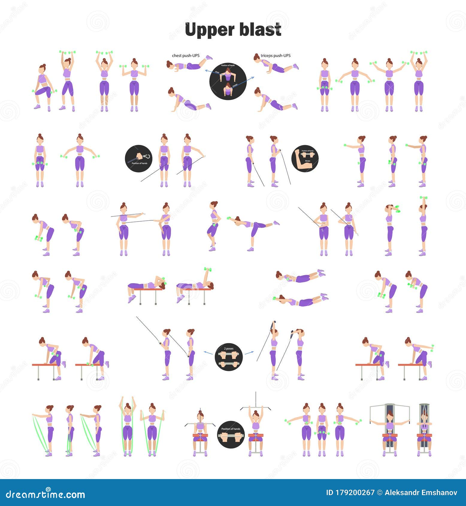 Sports Girl Sets with Different Fitness Exercises. Chest and Arm Muscle  Training. Upper Body Exercises with Sports Equipment Stock Illustration -  Illustration of fitness, toned: 179200267
