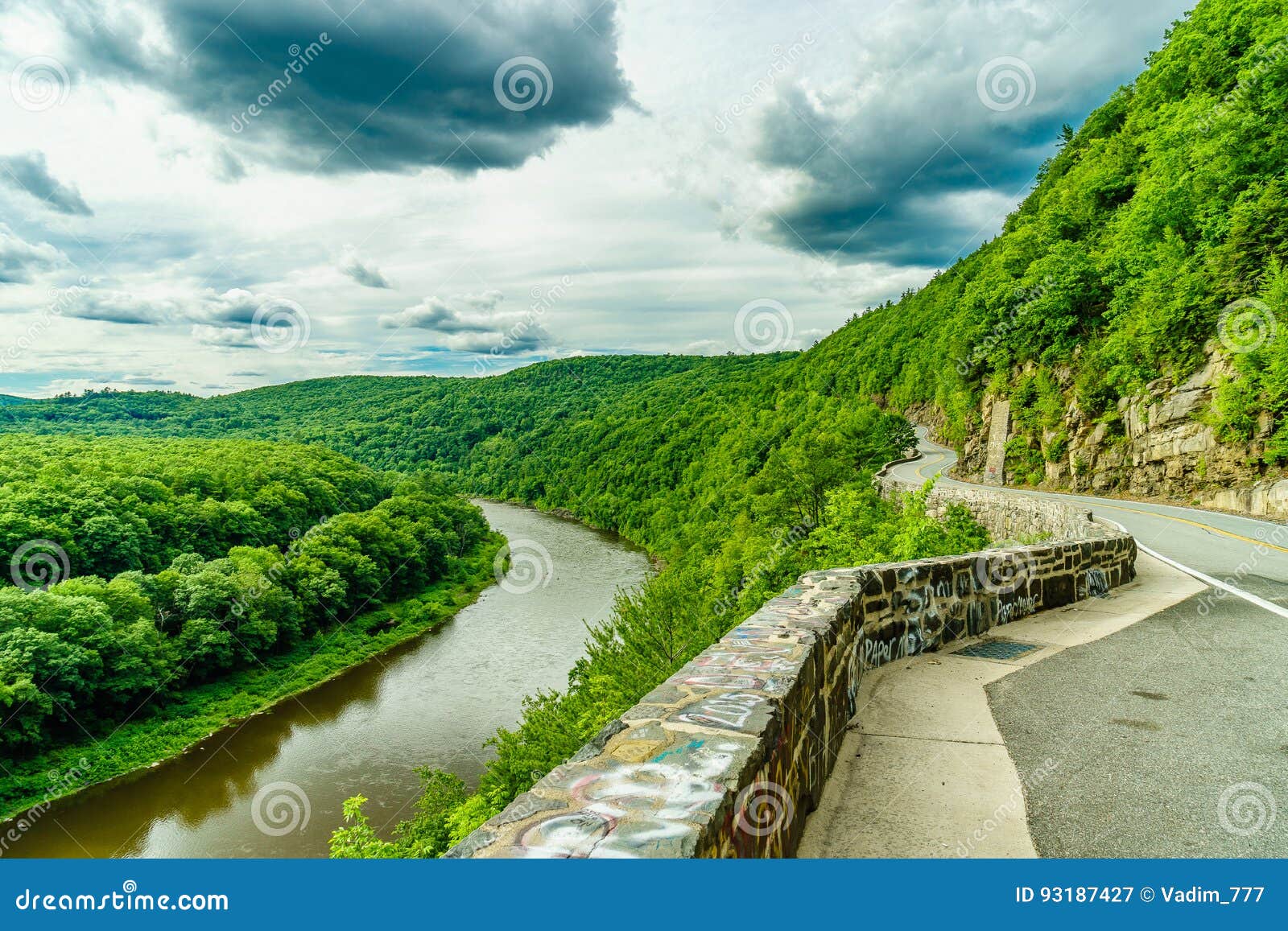 Upper Delaware River Bends through a Green Forest, New York Stock Image