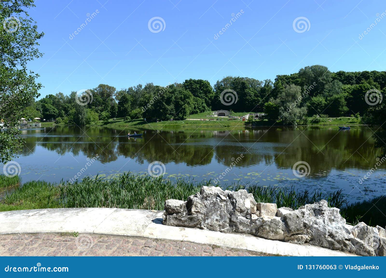 upper kuzminsky pond in the natural-historical park `kuzminki-lyublino`. view of the grotto.