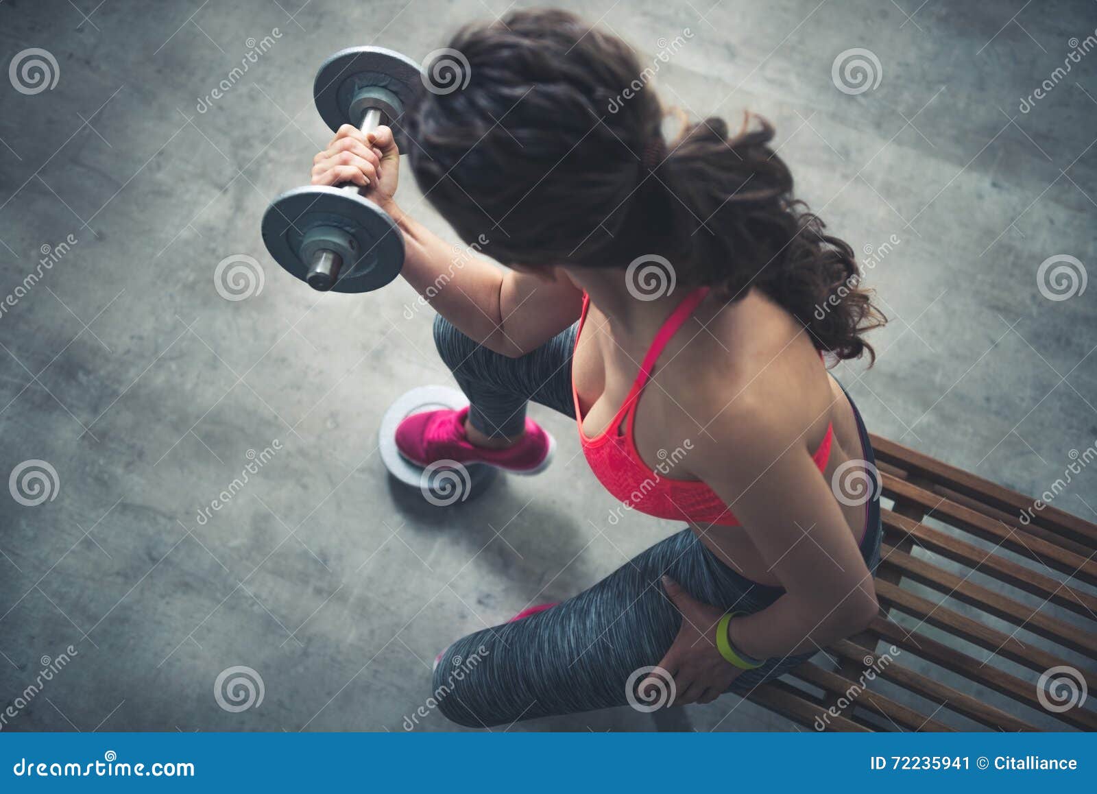 Upper View On Fitness Woman Workout With Dumbbell In Loft Gym Stock Image Image Of Healthcare Bodybuilding
