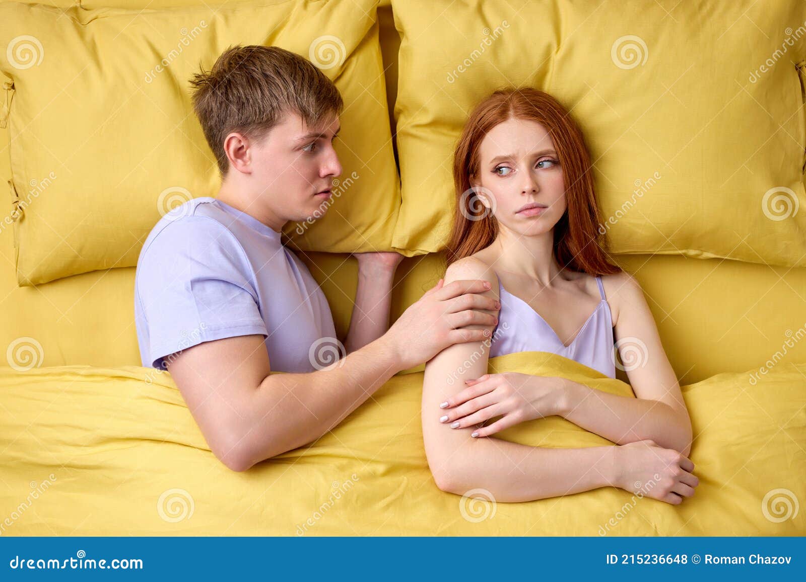 Upset Young Man Demands Sex from Wife, Woman Refuses, Offended Stock Photo 