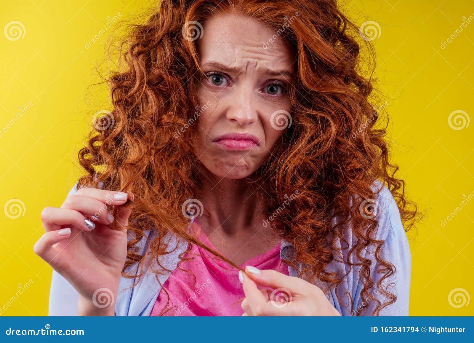 Upset Redhaired Ginger Foxy Woman With Dryness Tangled Red Hair Stock