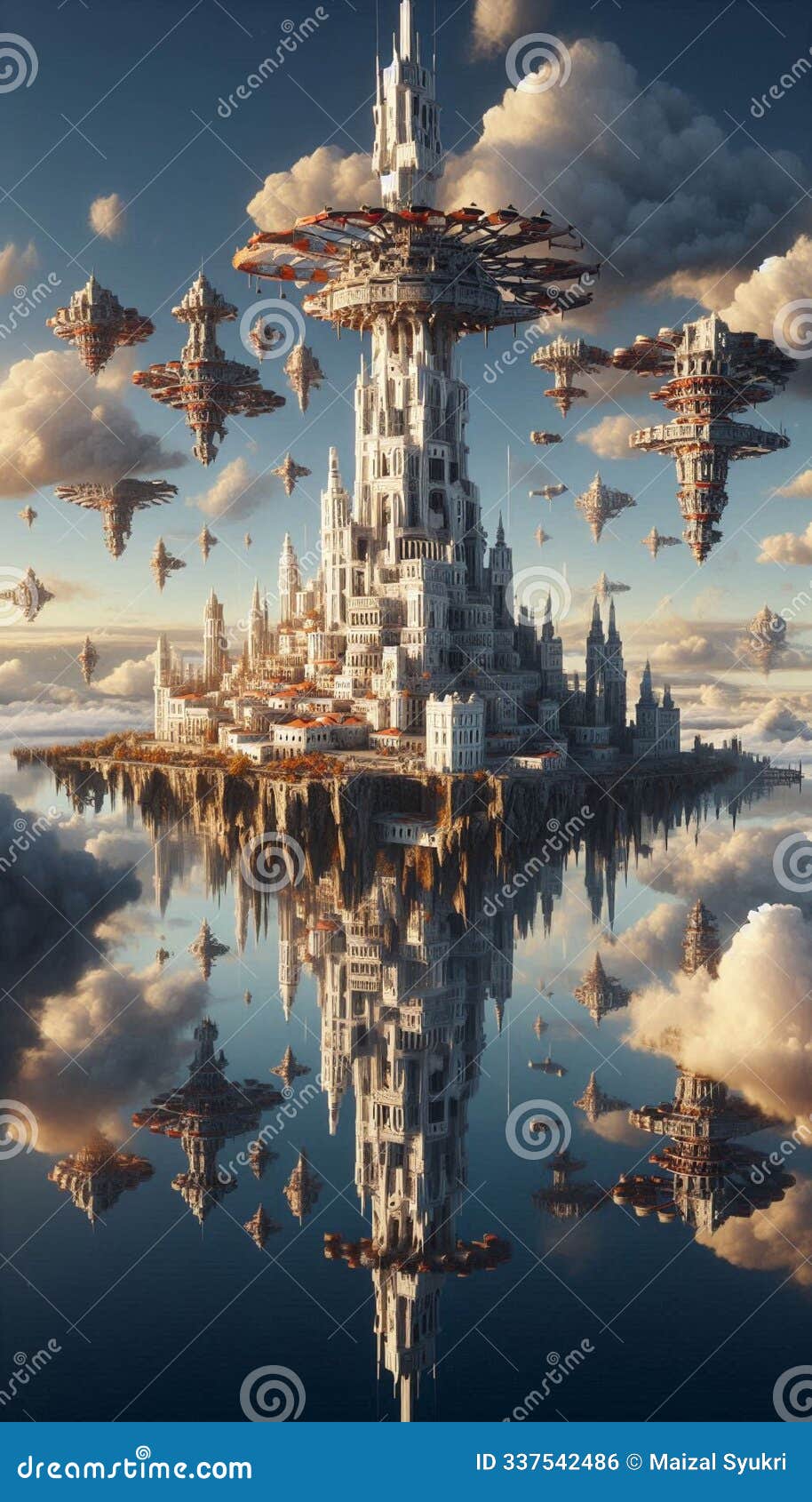 upside-down island: a surreal painting of fantastic architecture and cloud-d flying machines