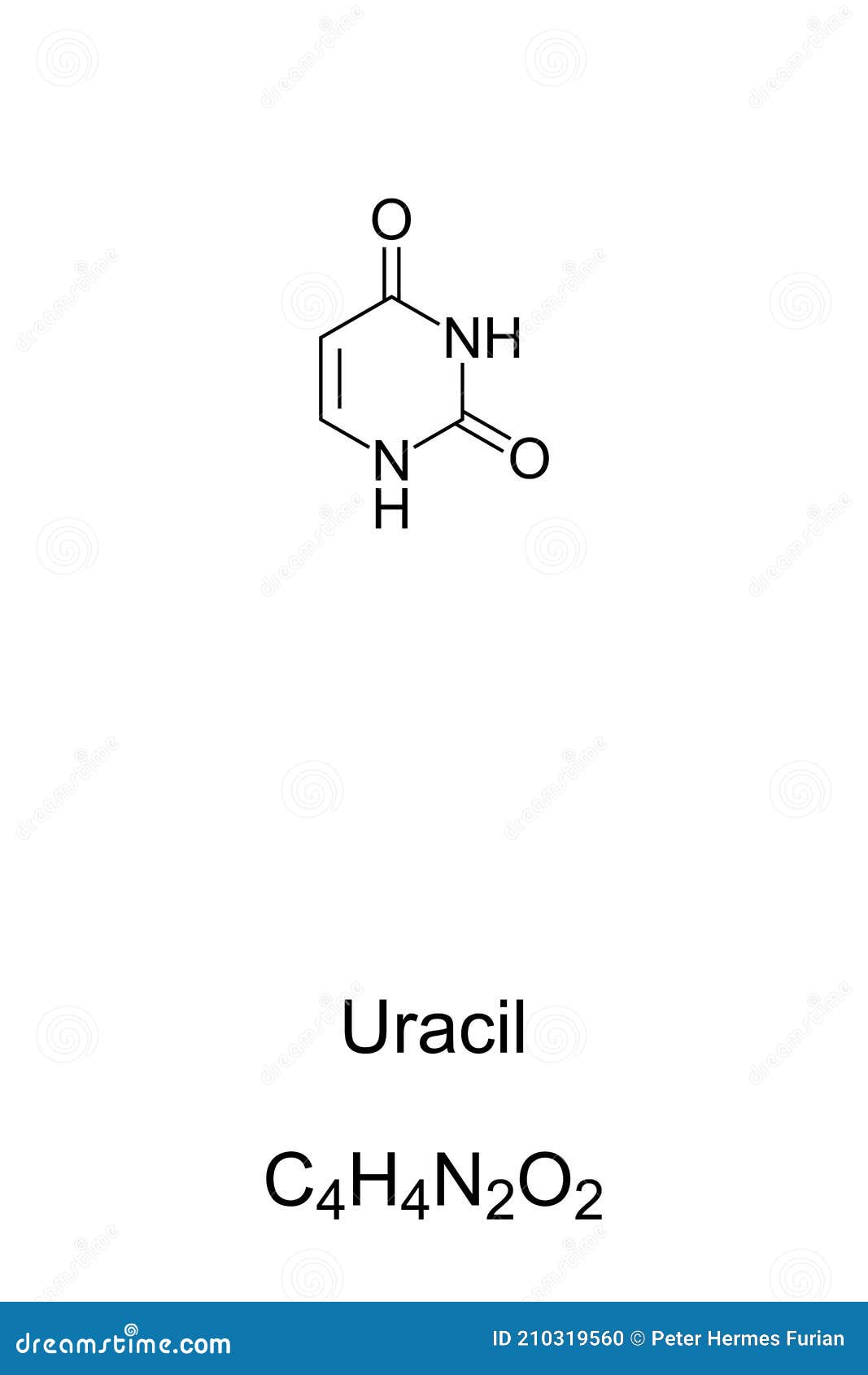 uracil, u, nucleobase in rna, chemical formula and skeletal structure