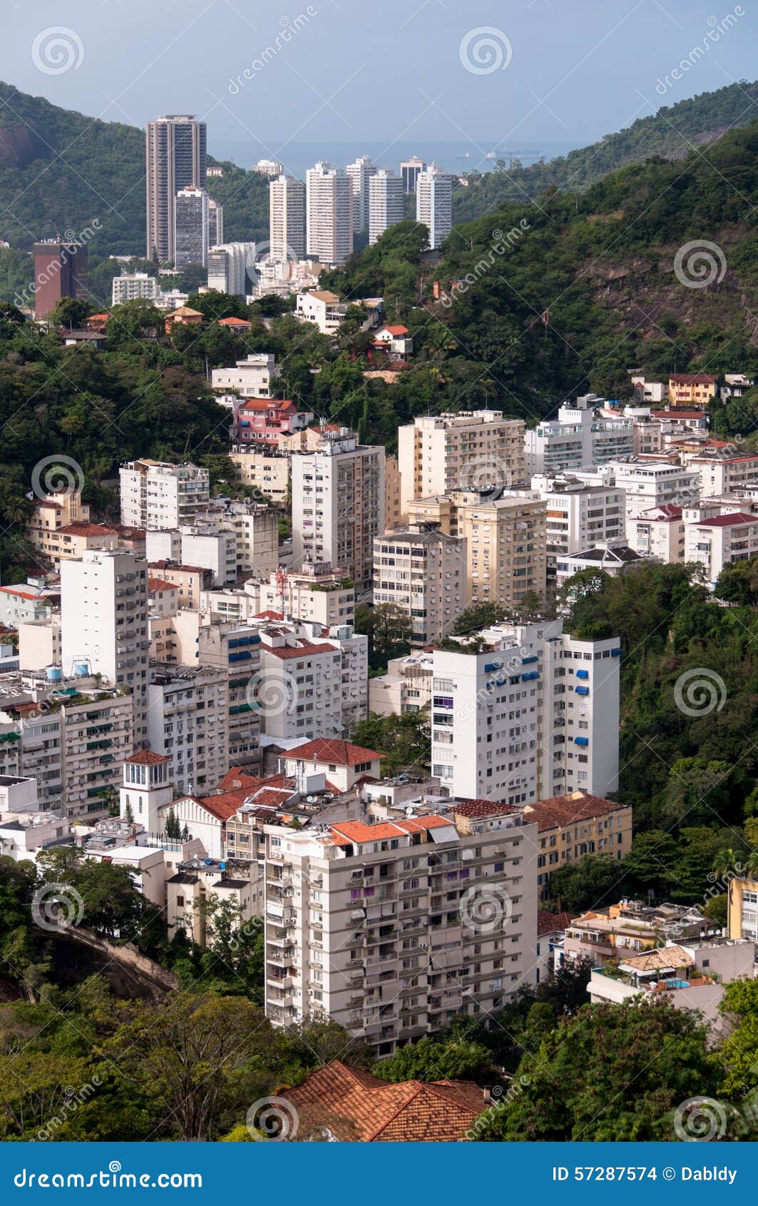 Urban Areas of Rio de Janeiro. Apartment Buildings in Larajeiras and Botafogo Neighborhoods, Ocean in the Horizon, Rio de Janeiro, Brazil.