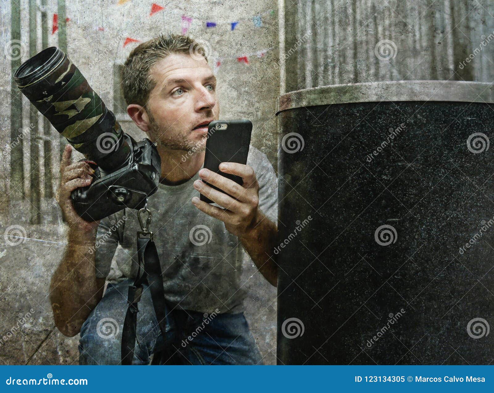 Lifestyle Funny Portrait of Young Paparazzi Photographer Man in Action  Hidden Behind City Paper Basket Stalking for Shooting Excl Stock Image -  Image of following, paparazzi: 123134305