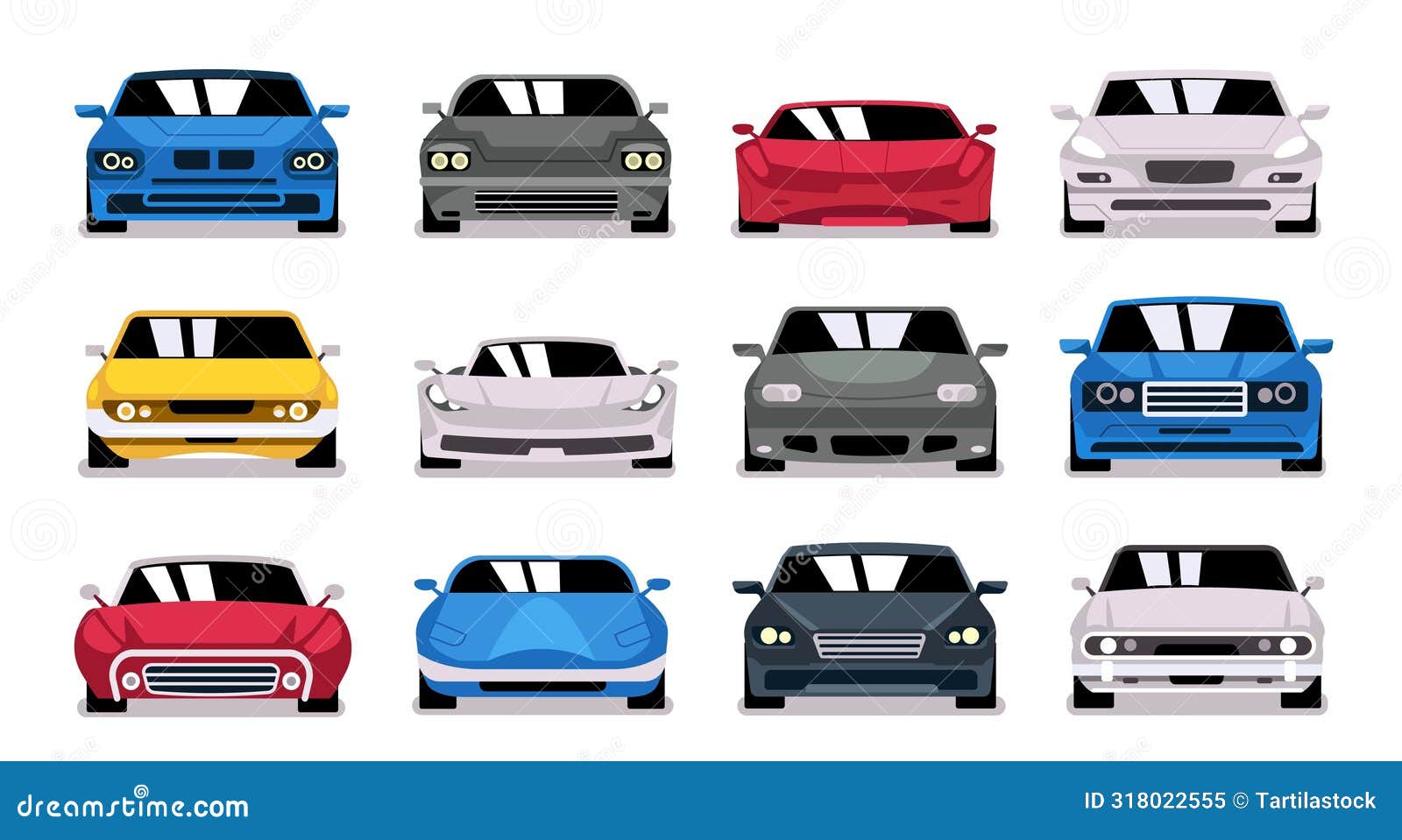 urban car front. frontal view of modern sedan vehicle, car front auto parts icon, various vehicle flat cartoon taxi cab