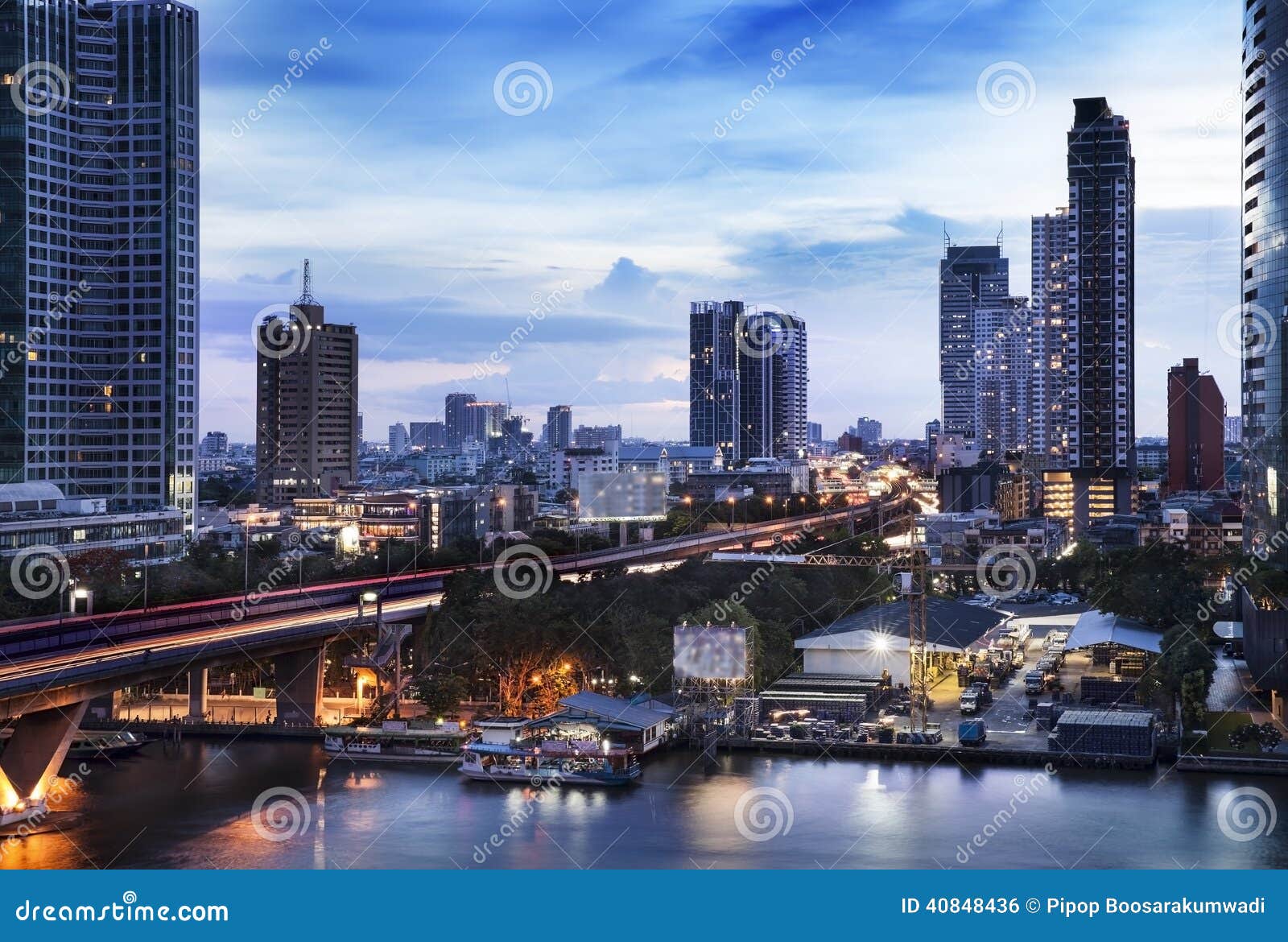urban city skyline, chao phraya river, bangkok, thailand.
