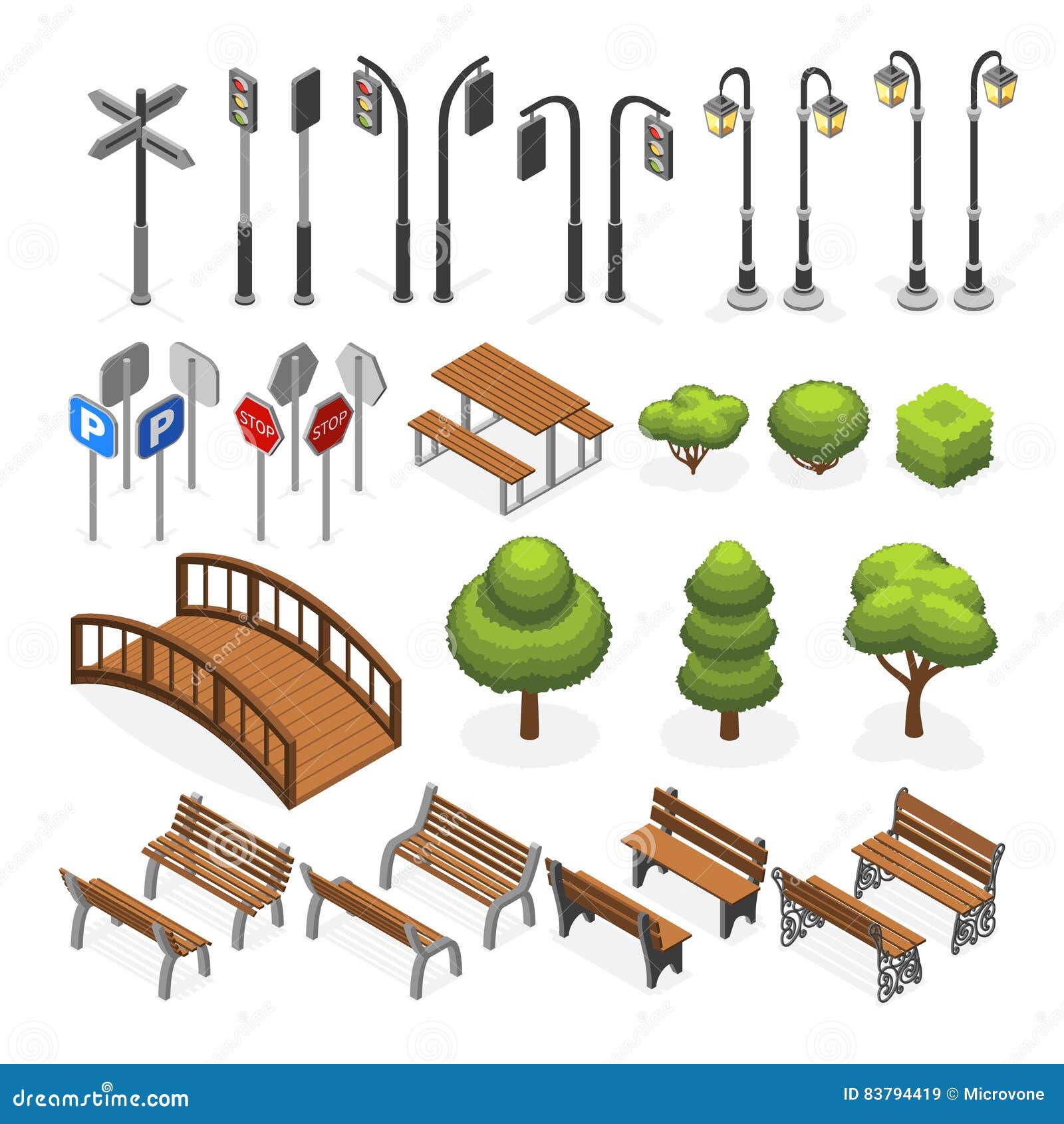 urban city street miniature isometric  objects, benches, trees, streetlight, seats, road signs