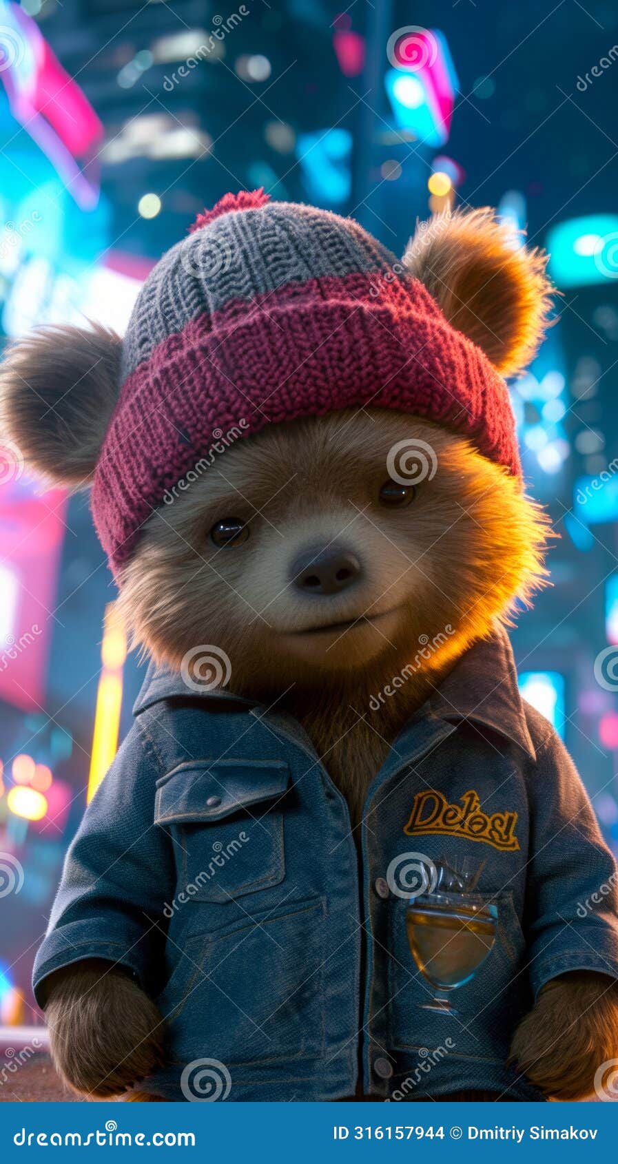 urban-cool bear in a denim jacket, sporting a beanie with graffiti motifs