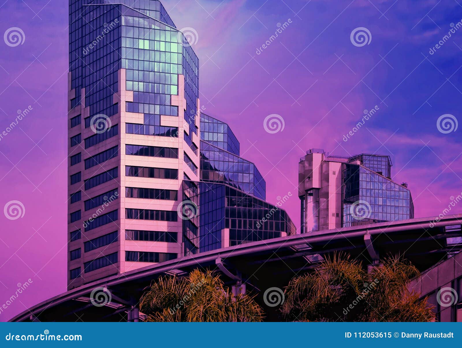 urban downtown skyline modern buildings in a purple haze