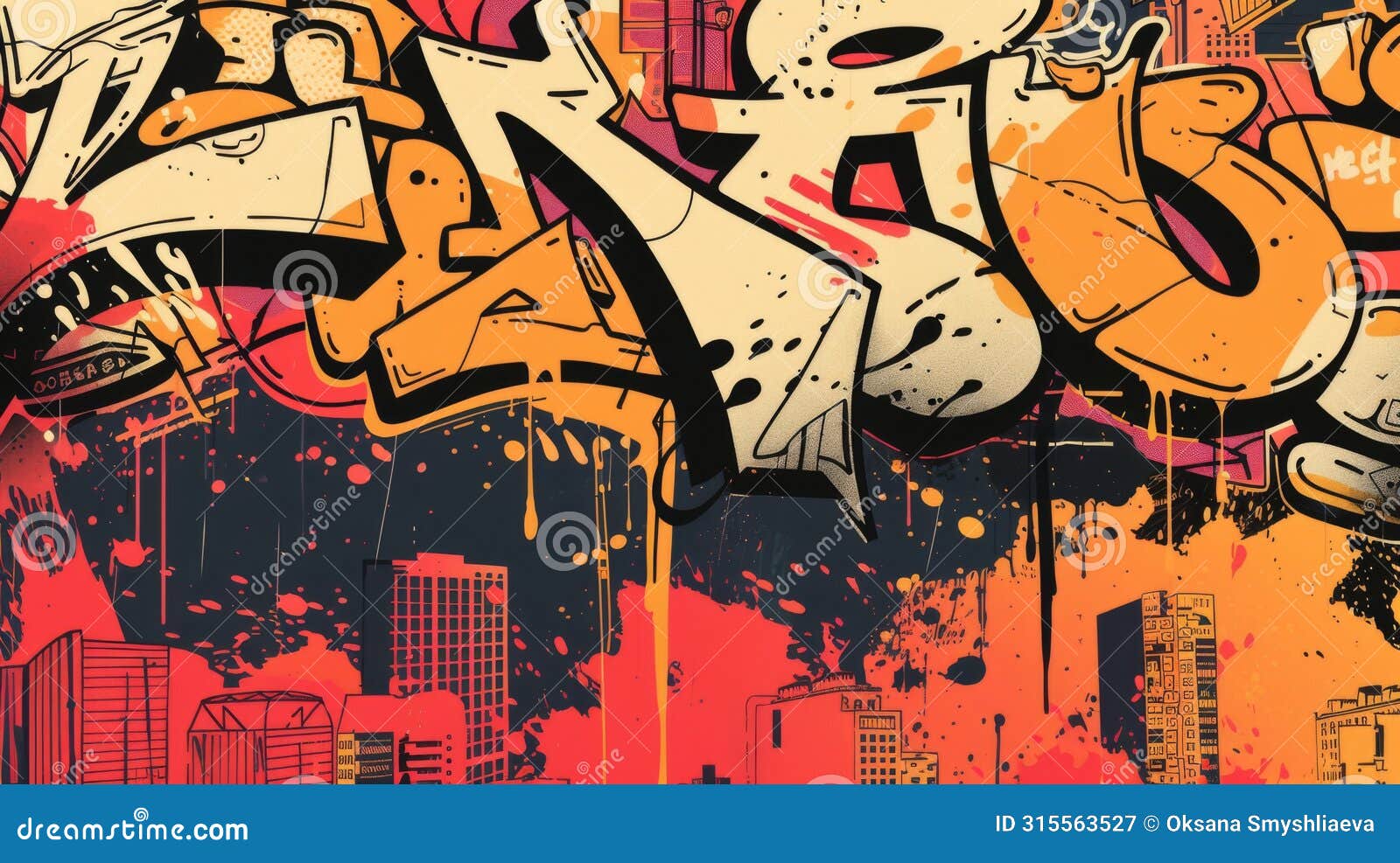 urban graffiti art on wall with vibrant cityscape background