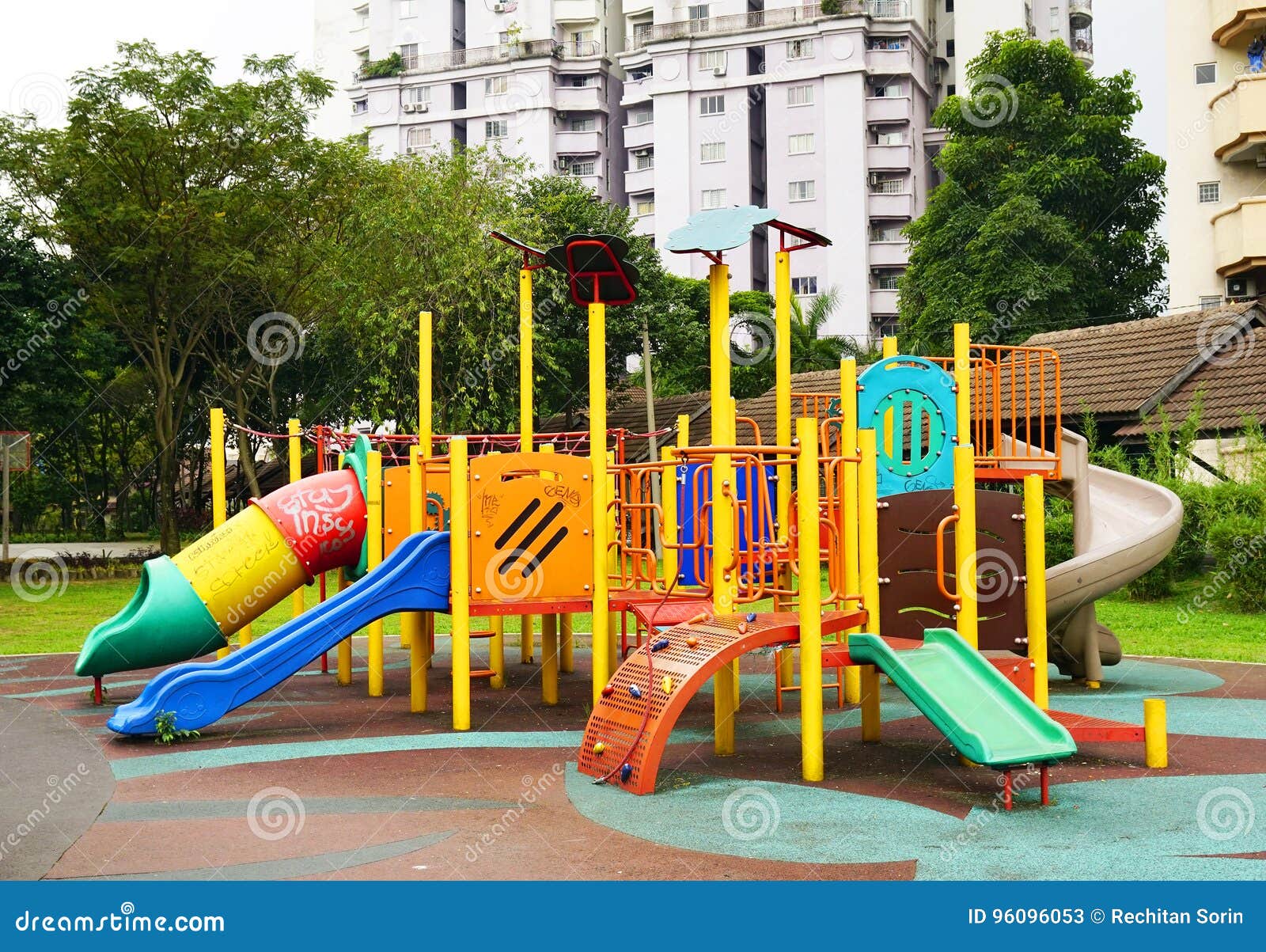 Urban Neighborhood Childhood Concept Slides Swing On Modern
