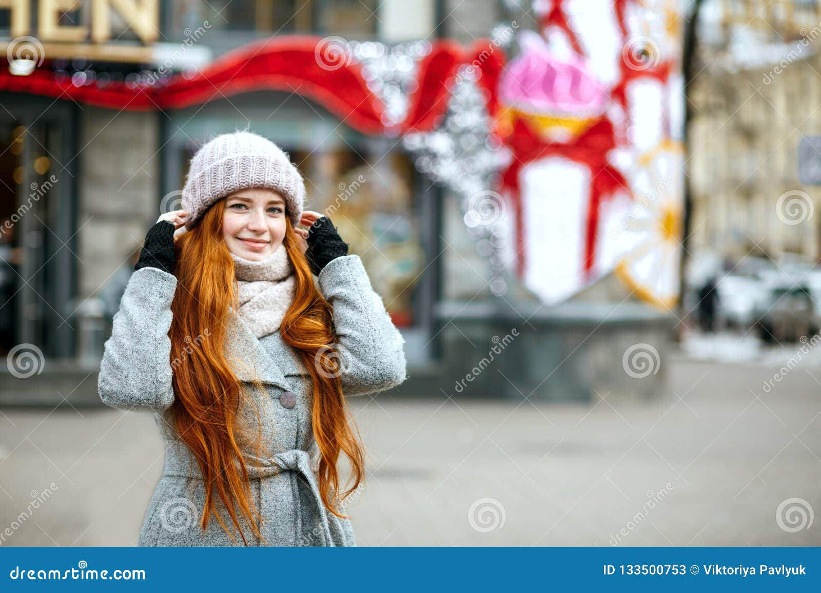 Urban Portrait of Joyful Ginger Model with Long Hair Wearing War Stock ...