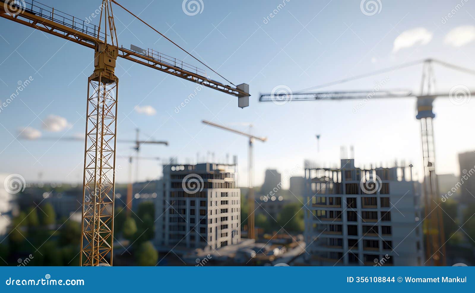 urban real estate projects under development featuring construction cranes and building structures at sunset with clear sky and