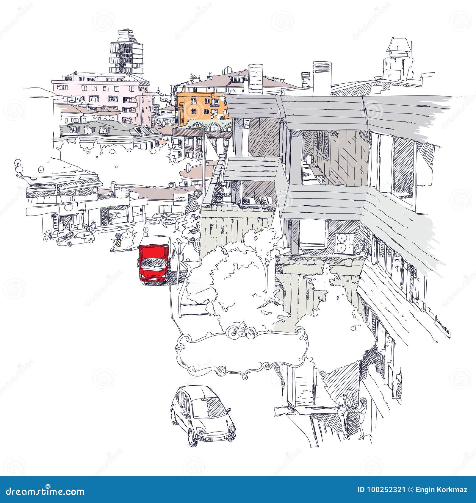 urban sketch of mecidiyekoy district of istanbul