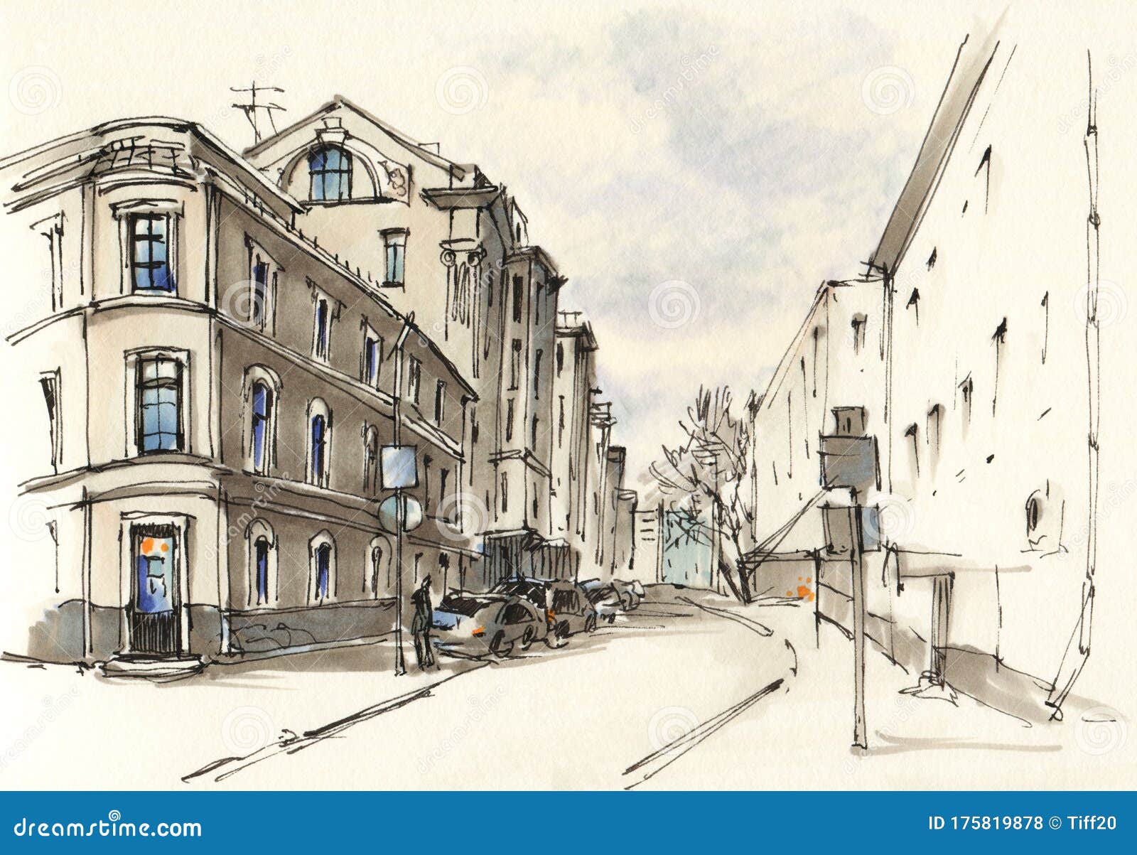 Retro city sketch street buildings and old cars vector illustration  pencil on paper style  CanStock