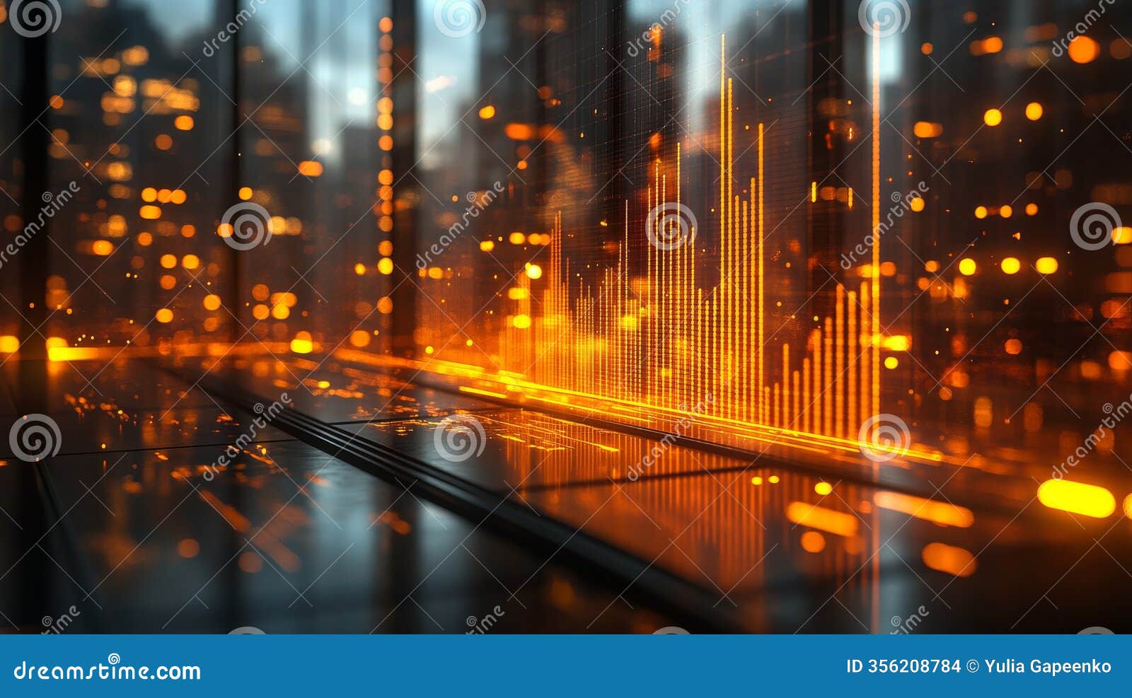 urban skyline with digital sound wave visualization during dusk