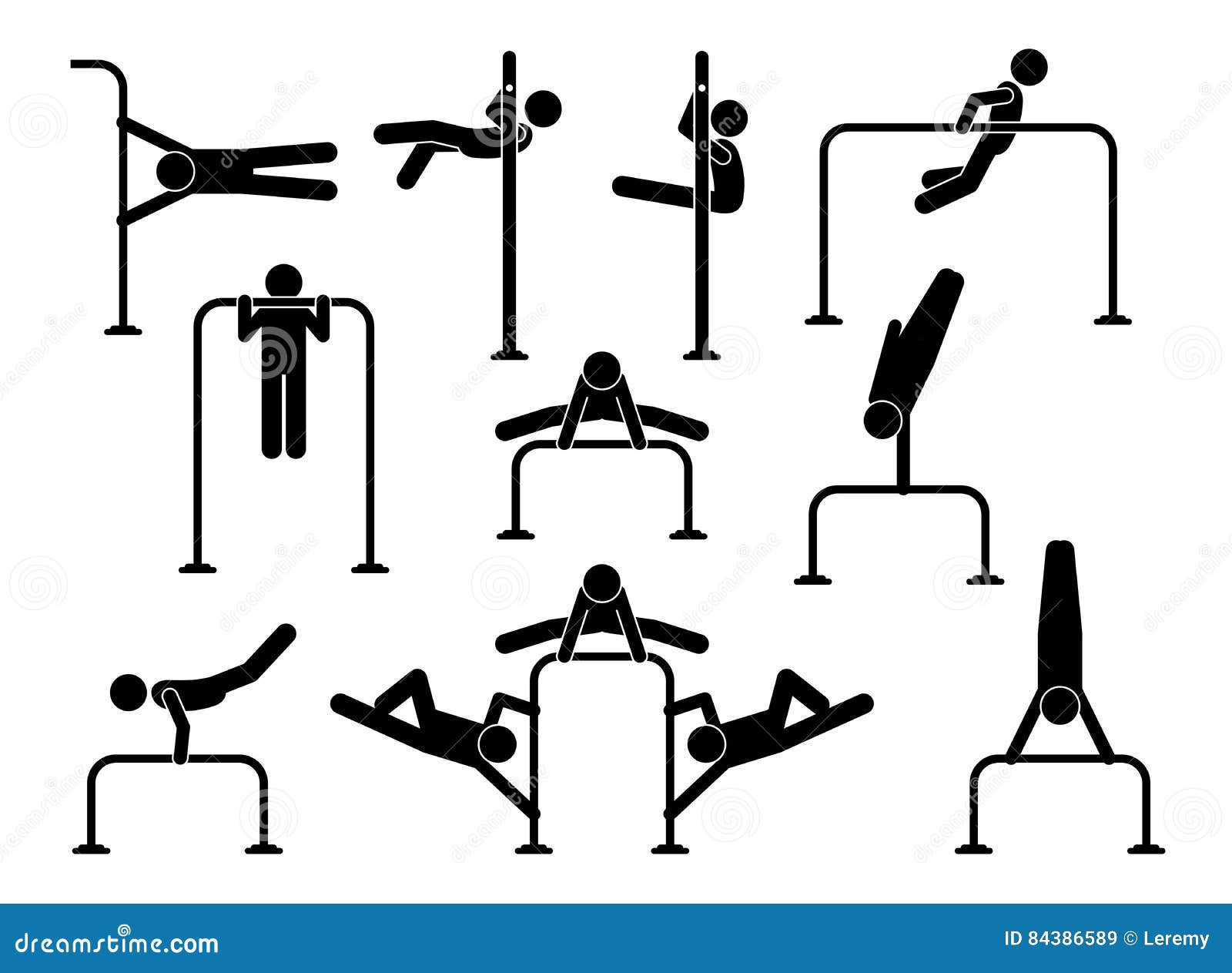 Vetor de Calisthenic silhouettes set isolated on white. Male athlete doing  human flag, planche, front lever, back lever, L-sit, clapping pushups, pull  ups and dips. Street workout and gym own weight exercises.