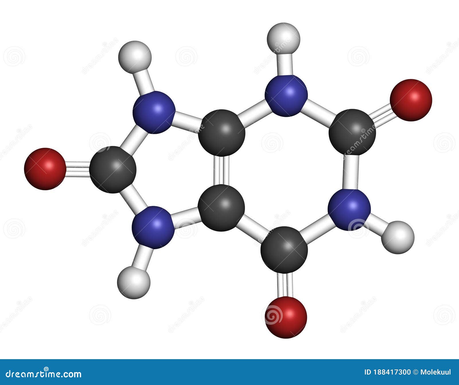 uric acid molecule, 3d rendering. high blood levels lead to gout disease. atoms are represented as spheres with conventional color
