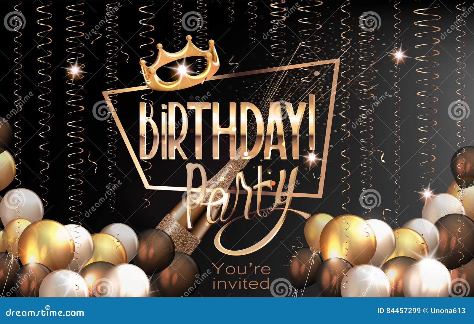 Urodzinowy elegancki kartka z pozdrowieniami z lotniczymi balonami, serpentyną, złoto ramą i koroną, również zwrócić corel ilustracji wektora