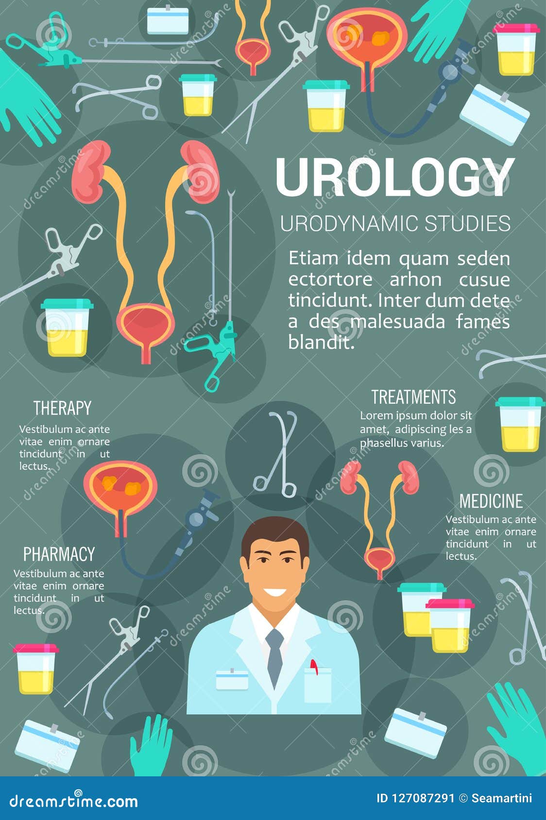 Urolog, urologia, genitourinary operaci klinika. Urologii medycyna, urolog i medyczne ikony, Genitourinary operacja, medycyna, apteka, terapia i urodynamic studia, chirurgicznie, medyczne choroby obszaru system, również zwrócić corel ilustracji wektora