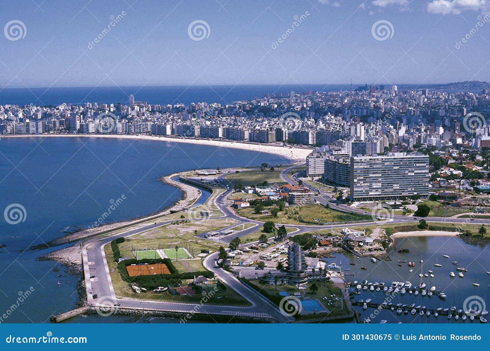 uruguay aerial view of the city of montevideo, the picturesque pocitos beach and the aresanal del-buceo port