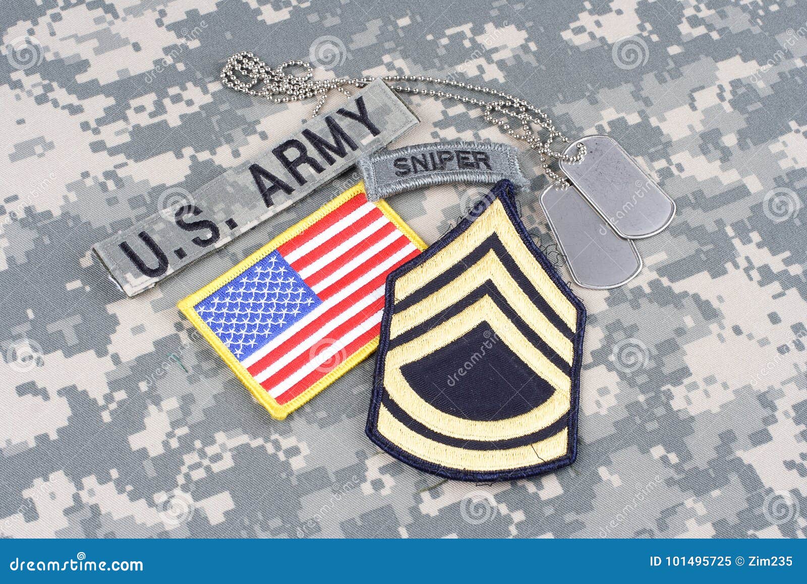 us army sergeant first class rank patch, sniper tab, flag patch, with dog tag on camouflage unif