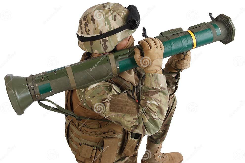 US ARMY Soldier with Recoilless Rocket Launcher Isolated on White Stock