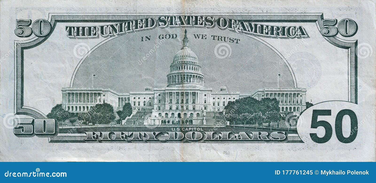 us capitol on 50 dollars banknote back side closeup macro fragment. united states fifty dollars money bill