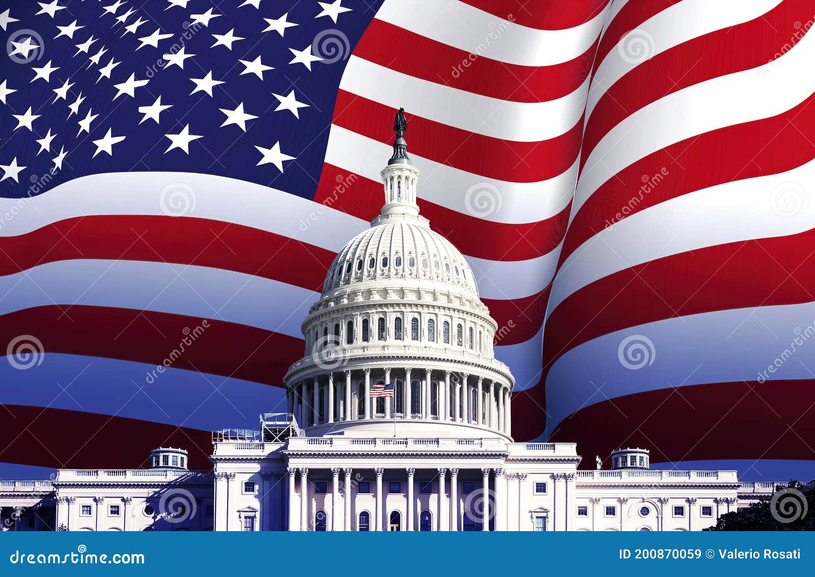 the us capitol in washington with the american flag waving in the background