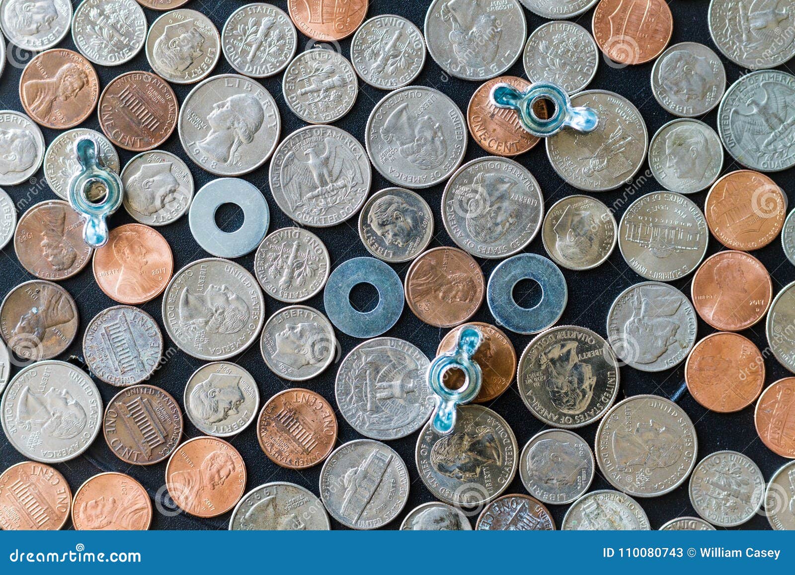US Coins on Flat Surface with Washers Wing Nuts Stock Image Image of