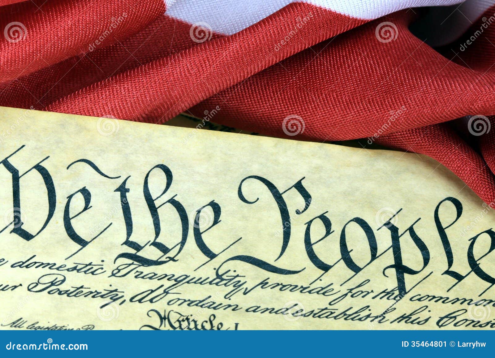 US Constitution - We The People with American Flag. Constitution of the United States and American Flag, We The People.