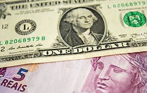 US Dollar Bill And Brazilian Reais Banknotes Business Finance Exchange 