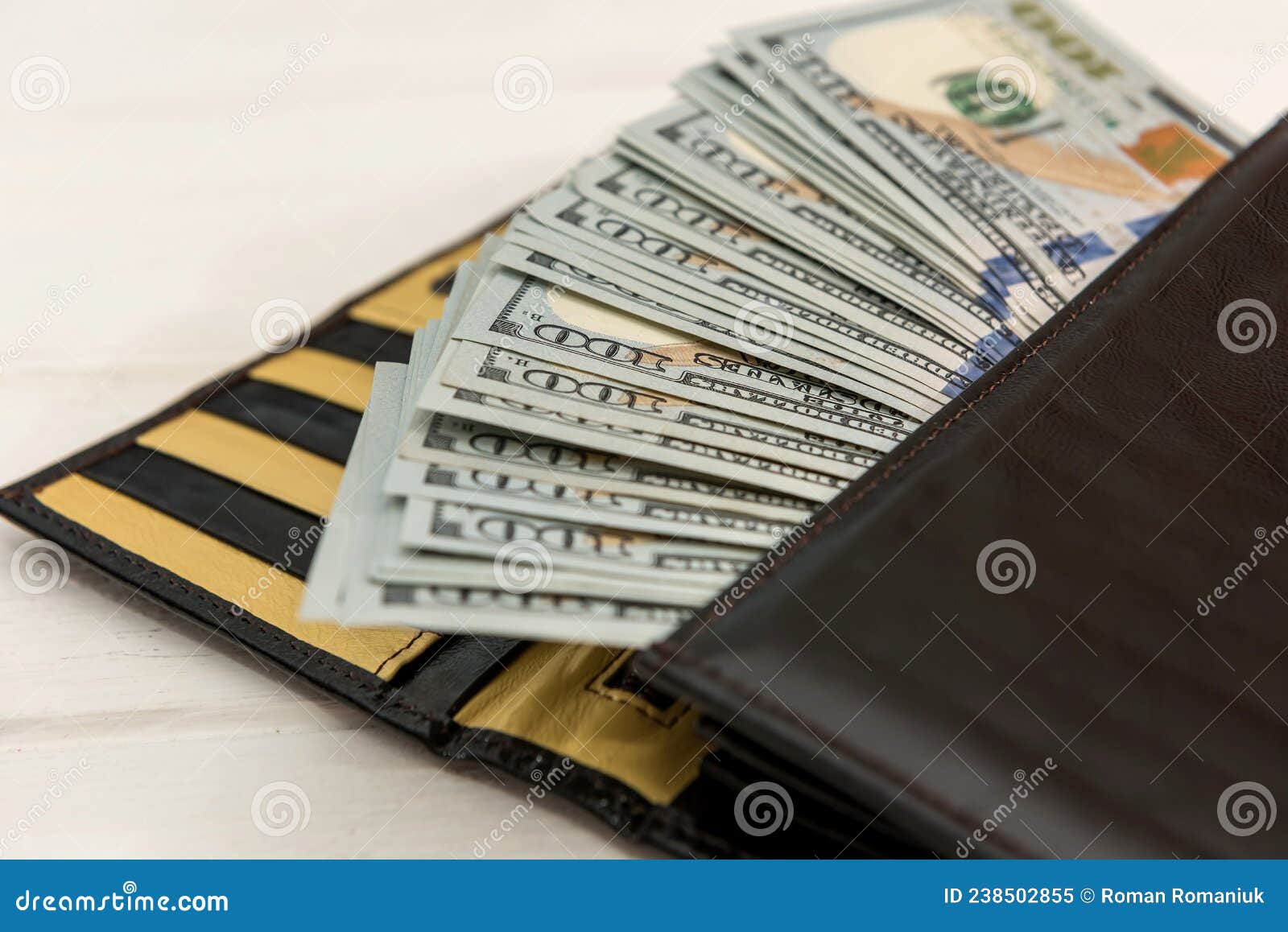 Us Dollar into Dark Leather Wallet Stock Image Image of open, cash