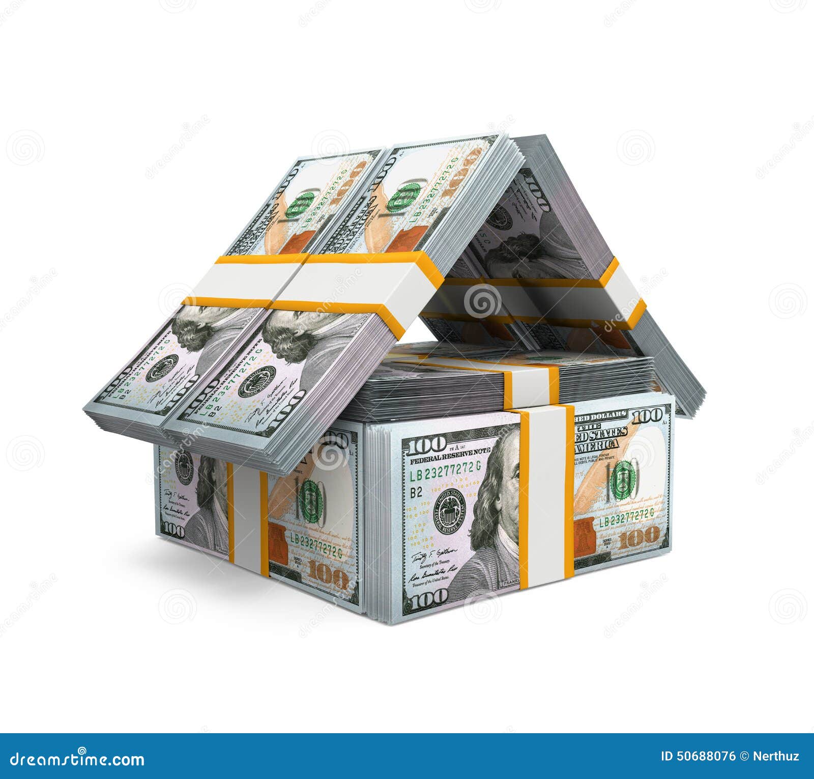 US-Dollar Rechnungs-Satz-Geld-Haus. US-Dollar Rechnungen verpacken das Geld-Haus, das auf weißem Hintergrund lokalisiert wird 3d übertragen