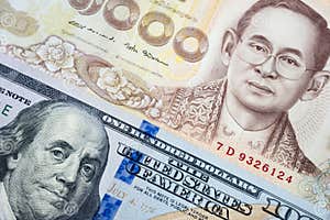 US Dollar And Thai Baht Banknote Background In Concept Of Money Stock 