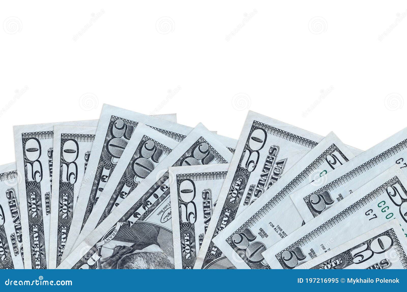 50 us dollars bills lies on bottom side of screen  on white background with copy space. background banner template